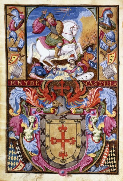St. Jacobus op een wit paard rijdend over de lijken van Moren en het familiewapen van de familie Gomez, 1606 door Spanish School
