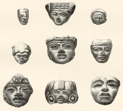 Stenen hoofden en maskers gevonden in Teotihuacan, Mexico door Desiré Charnay tijdens zijn expeditie in 1880-1883 door Spanish School