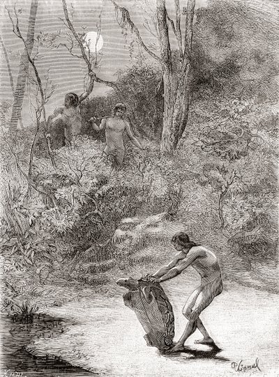 Sunos Indianen jagen op zoetwaterschildpadden in de Napo rivier, Ecuador door Spanish School