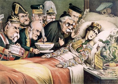 De pijn van een martelaar, karikatuur met betrekking tot een Spaanse economische crisis door Spanish School
