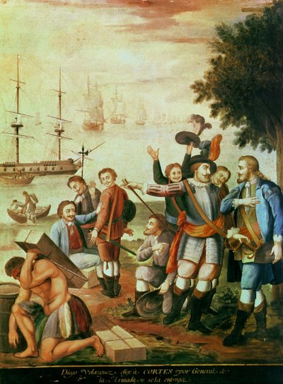 De verovering van Mexico: Diego Velasquez de Cuellar (1465-1524) kiest Hernando Cortes (1485-1547) als generaal van de Armada en geeft hem het bevel door Spanish School