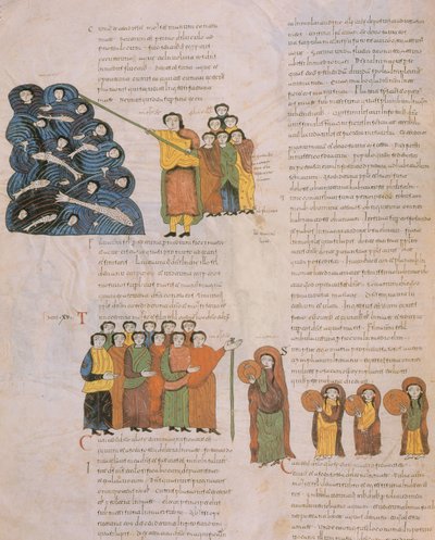 De Oversteek van de Rode Zee en de Dans van de Hebreeuwse vrouwen op het geluid van de tamboerijnen van Mozes en zijn begeleiders, uit de Visigotisch-Mozarabische Bijbel van St. Isidores, fol.39., 960 n.Chr. (tempera op perkament) door Spanish School
