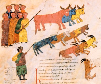 Het Hebreeuwse volk verlaat Egypte met hun vee, uit de Visigotisch-Mozarabische Bijbel van St. Isidores, fol.38v., 960 n.Chr. (tempera op perkament) door Spanish School