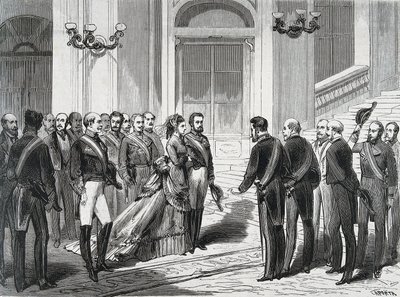 De Koning van Spanje Amedee I (Amedeo Ferdinando Maria di Savoia) (1845-1890) en zijn vrouw Koningin Maria Victoria dal Pozzo della Cisterna (1847-1876) bij hun aankomst in het Koninklijk Paleis in Madrid op 19/03/1871. Gravure uit "La Ilustracion Espanola door Spanish School
