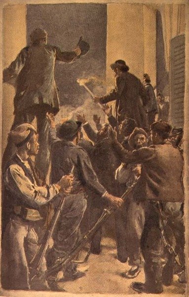De Proclamatie van de Revolutionaire Raad in het Stadhuis van Barcelona, 29 september 1868 door Spanish School