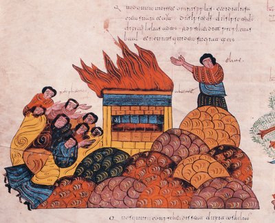 De profeet Elias bidt op de berg Karmel voor de God van Israël om gerechtvaardigd te worden voor de priesters van Baäl en vuur valt uit de hemel (I Koningen 18), fol.145v., uit de Visigotisch-Mozarabische Bijbel van St. Isidores door Spanish School