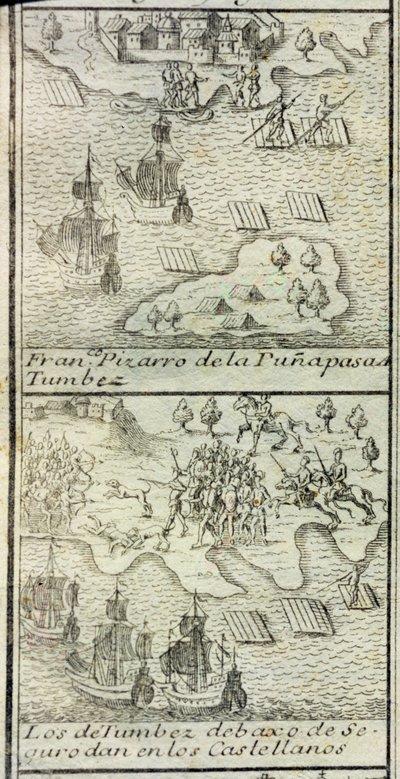 De aankomst van Francisco Pizarro met 180 mannen en drie schepen in Tumbes door Spanish School