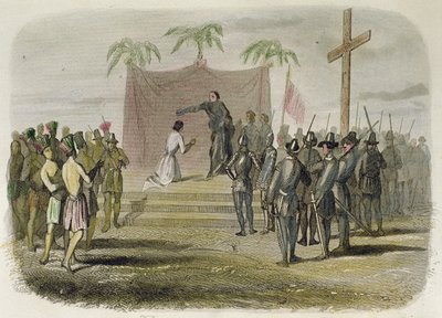 De doop van de koning van het eiland Cebu en vijfhonderd andere Indianen door leden van de Magellaan-expeditie op 14 april door Spanish School