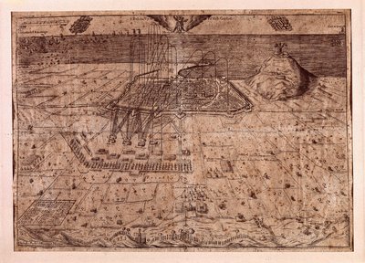 De opstand van Catalonië of de oorlog van de oogsters (1640-1659), het beleg van Barcelona over zee en land door de troepen van Filips IV van Spanje (1605-1665). Gravure 1652. Stadshistorisch Museum, Barcelona. door Spanish School