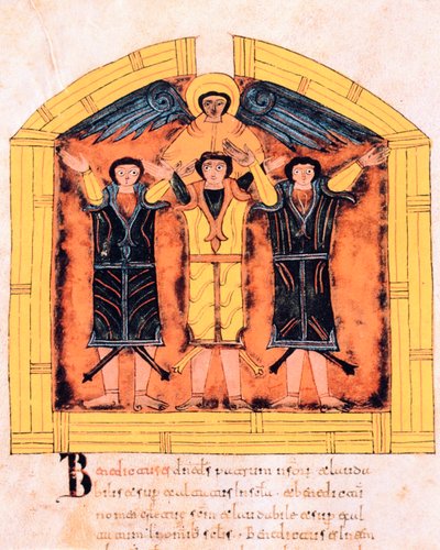 De drie Hebreeën, Sadrach, Mesach en Abednego in de oven geworpen door Nebukadnezar, fol.318v, uit de Visigotisch-Mozarabische Bijbel van St. Isidore