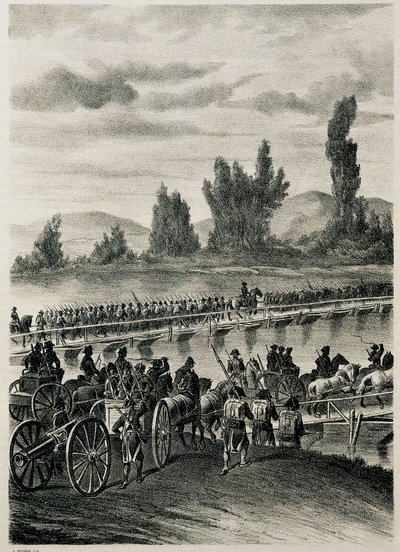 De troepen van het Napoleontische Franse leger steken de rivier de Bidasoa over door Spanish School