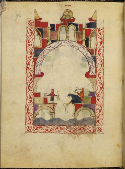 Drie vrouwen dompelen vaten onder in een poel. Verlucht handschrift van een Hispano-Moorse Haggada, c.1300, Spanje, Or. 2737, fol. 90 door Spanish School