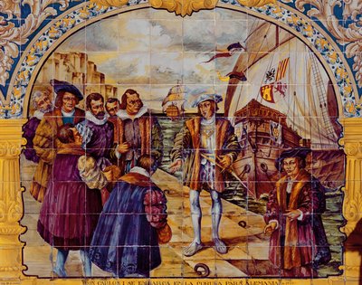 Tegels die koning Karel I van Spanje weergeven die zich voorbereidt om in 1520 vanuit de haven van La Coruna te vertrekken om zijn verkiezing als Heilige Roomse Keizer te aanvaarden (keramiek) door Spanish School