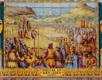 Tegels die de ontscheping van Hamilcar en zijn zoon Hannibal bij Akra Leuce tijdens de Eerste Punische Oorlog (264-241 v.Chr.) weergeven (keramiek) door Spanish School