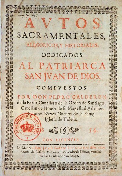 Titelpagina van Los Autos Sacramentales door Pedro Calderon de la Barca (1600-81) bewerkt door Juan Garcia Infanzon, 1690 door Spanish School