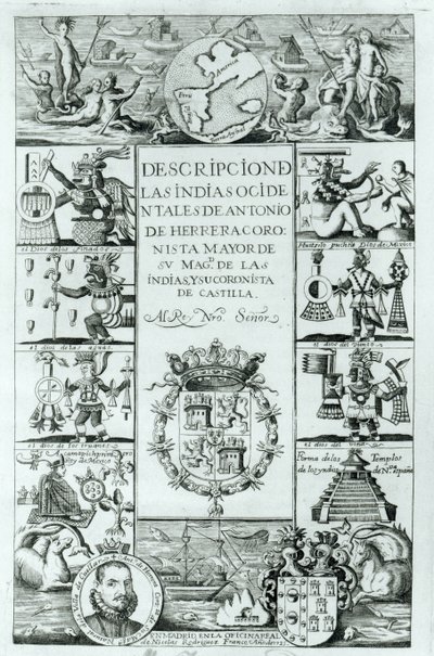 Titelpagina van Descripcion de las Indias Ocidentales door Antonio de Herrera y Tordesillas, Madrid editie, 1725 door Spanish School