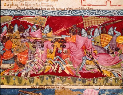 Trojaanse Oorlog: slag tussen de Grieken en de Trojanen. Detail van een miniatuur uit het Spaanse manuscript 