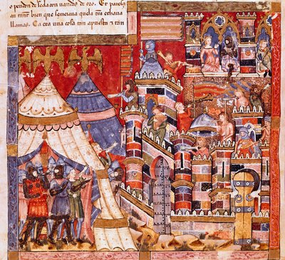 Trojaanse Oorlog: de stad Troje en het Griekse kamp. (detail) Miniatuur uit het Spaanse manuscript 
