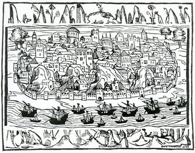 Uitzicht op Lissabon uit Libro de Grandezas y cosas Memoralder de Espana door Pedro Medina, 1548 door Spanish School