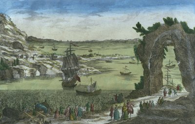 Uitzicht op de Franse landing om de nieuwe kolonie te vestigen in de haven van Nieuw-Cayenne, Frans-Guyana, 1762 door Spanish School