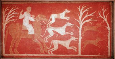 Jachtscène met honden die achter wild aanrennen. 1150. Fresco uit de hermitage van Baudelio de Berlanga, Soria. Bewaard in het Prado Museum. door Spanish School
