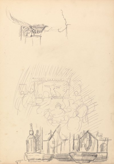 Grot van het Gouden Kalf: schetsen van een podium en bar door Spencer Frederick Gore