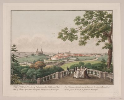 Uitzicht op Helsingør, Kronborg en de Sont tussen de kusten van Seeland en Skåne. Getekend op het terras in de tuin bij Marienlyst door Søren L. Lange