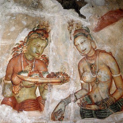 Uitzicht op de dienstmeid (fresco van de leeuwenrots, 5e eeuw) door Sri Lankan School