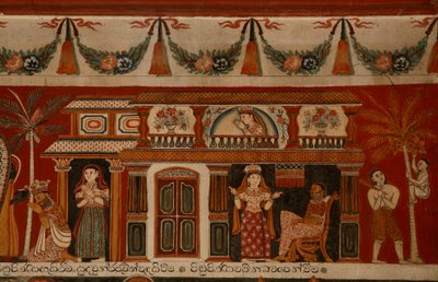 Muurschildering die een Singalees huis in de Subdharama-tempel, Dehiwala afbeeldt door Sri Lankan School