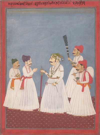 Prins met vier bedienden, eind 18e-begin 19e eeuw door Sri Prathi Singh of Ratlam