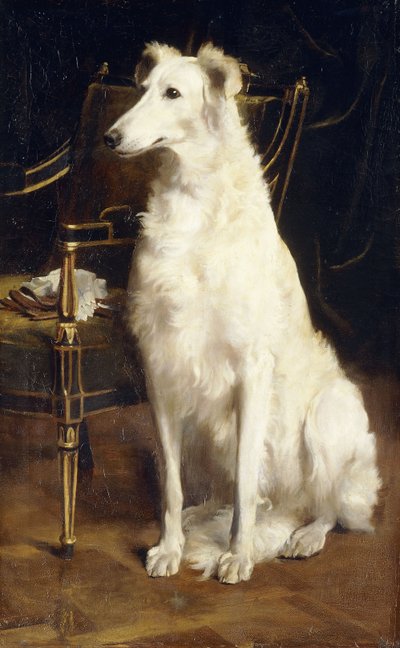 Een Borzoi bij een stoel door St. George Hare
