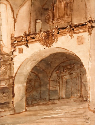 Interieur van een kerk. Uitzicht op de vestibule en het koor door Stanisław Noakowski