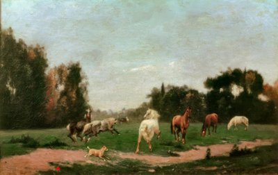 Paarden dartelen in de weide door Stanislas Lepine
