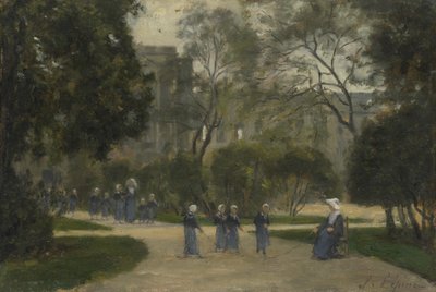 Nonnen en Schoolmeisjes in de Tuilerieën Tuinen, Parijs door Stanislas Victor Edouard Lepine