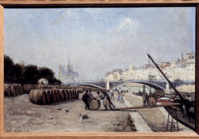 De Seine bij de Sullybrug, de wijnhaven, de Quai Saint Bernard. Schilderij door Stanislas Lepine (1835-1892). 1882-1885. Dim. 0,15 x 0,23. Privécollectie door Stanislas Victor Edouard Lepine