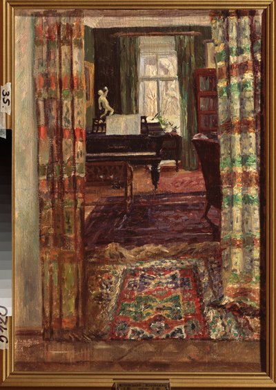 Interieur met een vleugelpiano door Stanislav Joulianovitch Joukovski