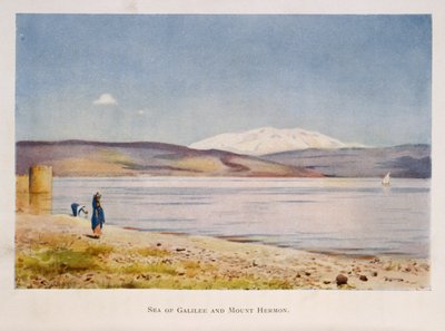 Meer van Galilea richting de berg Hermon (in Syrië), Palestina 1906 door Stanley Inchbold