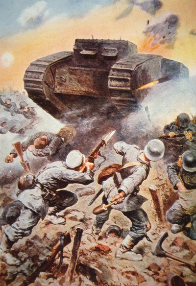 Britse tank in actie tegen Duitsers aan het Westfront in WOI door Stanley L. (after) Wood
