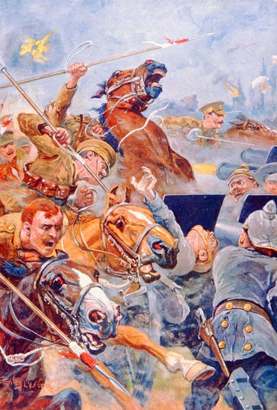 De aanval van de 9e Lancers tijdens de terugtocht van Mons door Stanley L. (after) Wood