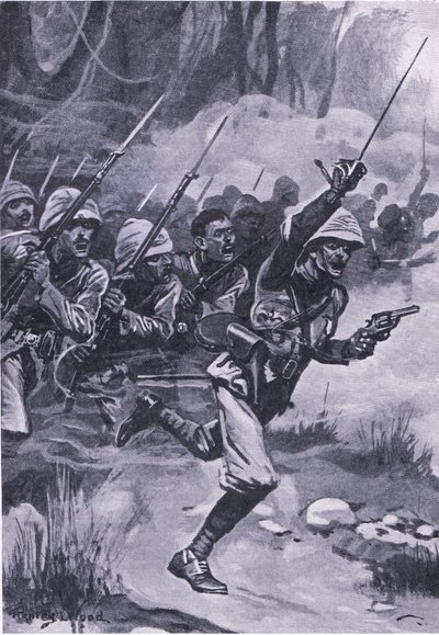 Britse aanval op de Ashantis bij Amoaful, 31 januari 1874, illustratie uit British Battles on Land and Sea, 1915 door Stanley L. Wood