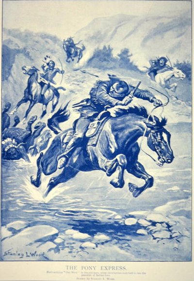 Pony Express achtervolgd door Indianen (litho) door Stanley L. Wood