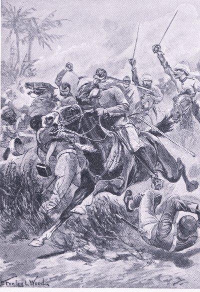 Vrijwillige cavalerie buiten Lucknow, 30 juni 1857, illustratie uit British Battles on Land and Sea, 1915 door Stanley L. Wood