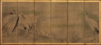 Kraanvogels en chrysanten, Momoyama of Edo periode door Sôtatsu