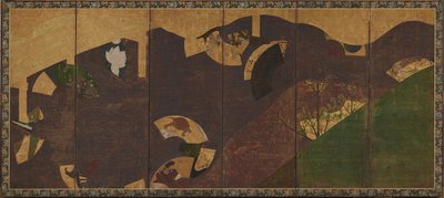 Klimopwijnstokken, bruggen en drijvende waaiers, Momoyama of Edo periode, begin 17e eeuw door Sôtatsu