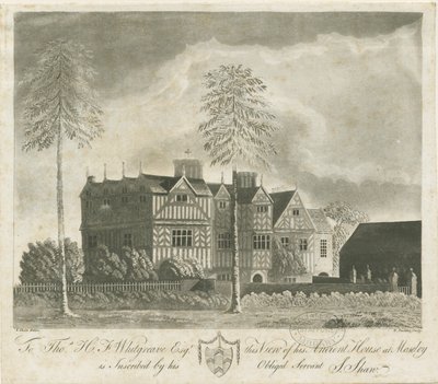 Bushbury - Moseley Oud Hall (aquatint gravure) door Stebbing Shaw
