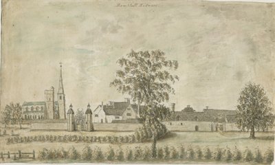 Hamstall Ridware - Kerk en landhuis: aquarel schilderij, nd [1762-1802] door Stebbing Shaw