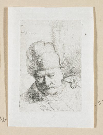 Hoofd van een man met een tulband versierd met een veer door Stefan Juliusz Norblin de la Gourdaine