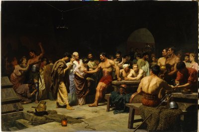De gladiatoren voor hun entree in de arena. De Romeinse patriciërs bezoeken en beoordelen het fysieke uiterlijk van de gladiatoren voor het gevecht, de vrouwen vleien en feliciteren de strijders. door Stefan Vladislavovich Bakalowicz