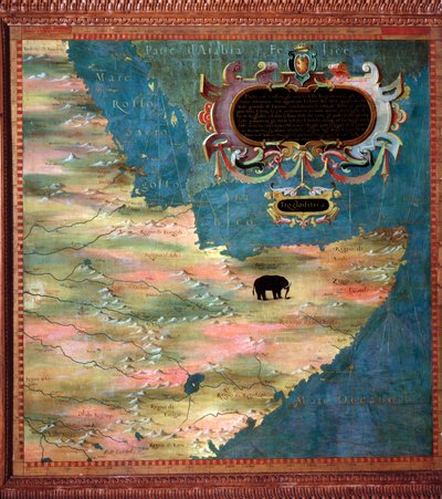 Oost-Afrika (Somalië en Ethiopië) Kaart gemaakt door Stefano Bonsignori (? -1589) Italiaanse kosmograaf en schilder. Rond 1581. Florence, Palazzo Vecchio, Sala del Mappamondo door Stefano Buonsignori