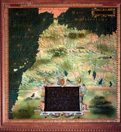 Noord-Afrika (Marokko) en Straat van Gibraltar Kaart gemaakt door Stefano Bonsignori (?-1589) Italiaanse kosmograaf en schilder. Rond 1581. Florence, Palazzo Vecchio, Sala del Mappamondo door Stefano Buonsignori